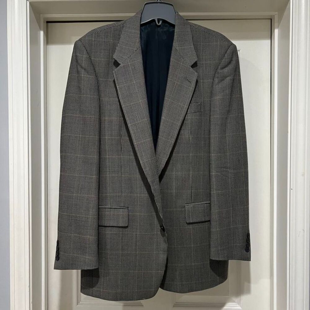 Claiborne Men's Wool Houndstooth Blue Olive Sport Coat Jacket Blazer Size 42Long